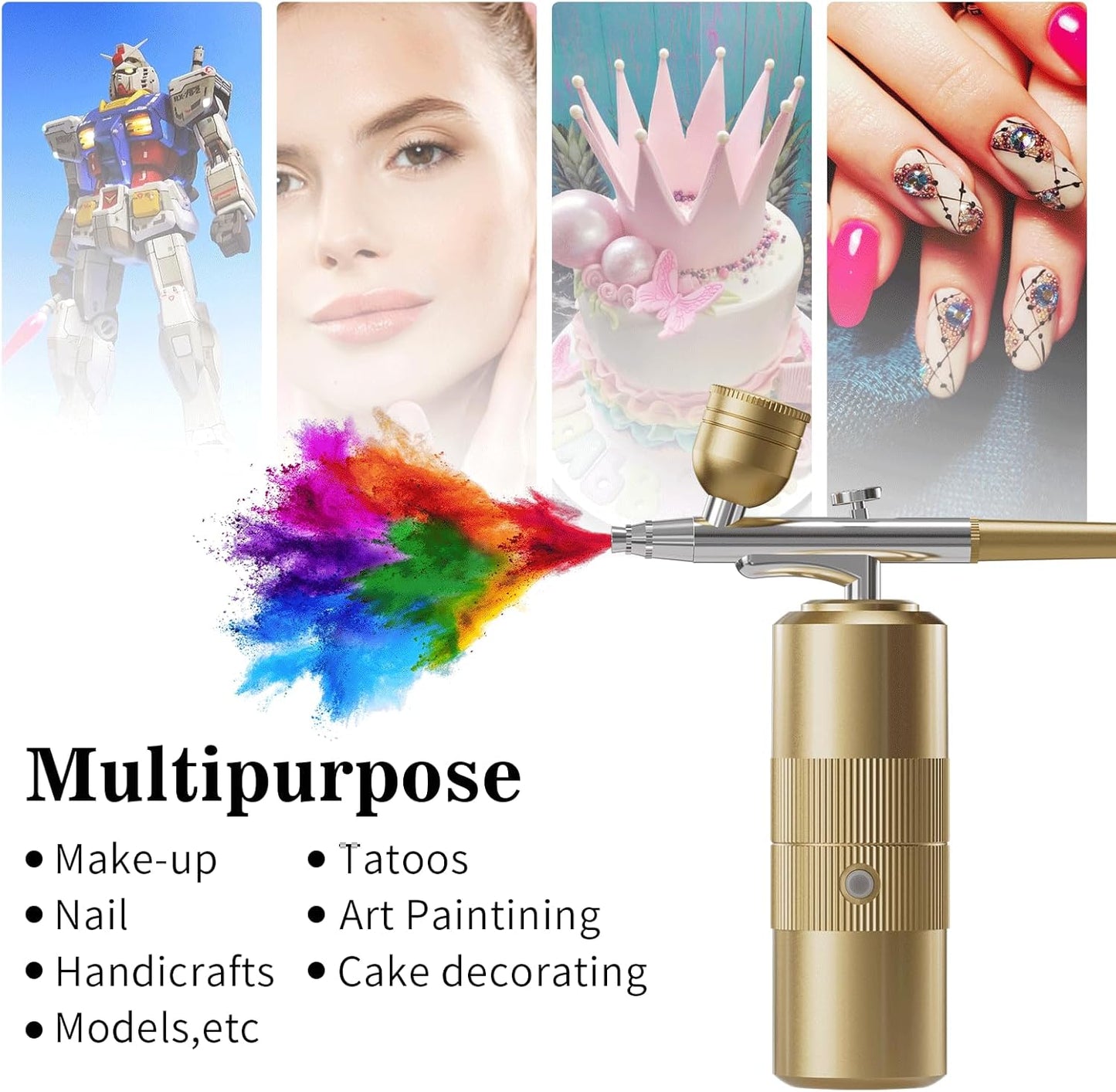 Multifunctional spray device with colorful powder, surrounded by images of its uses including makeup, tattoos, nail art, and more.