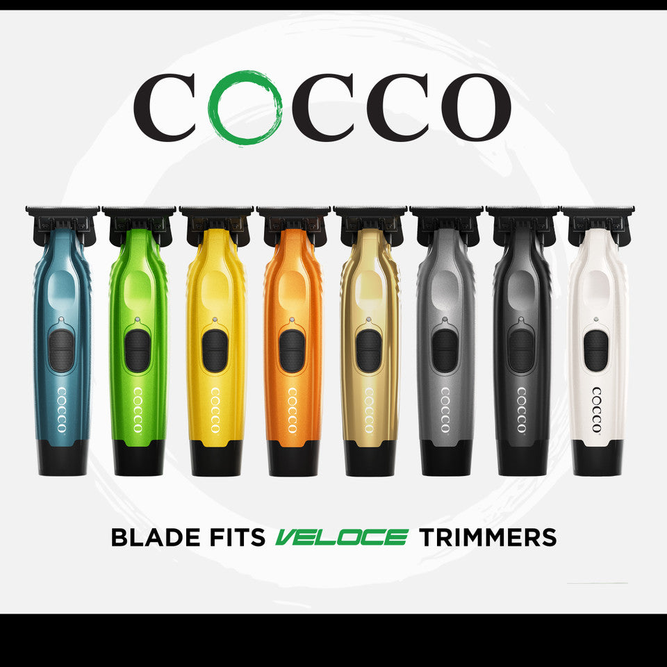 Set of COCCO blade trimmers in various colors on a white background