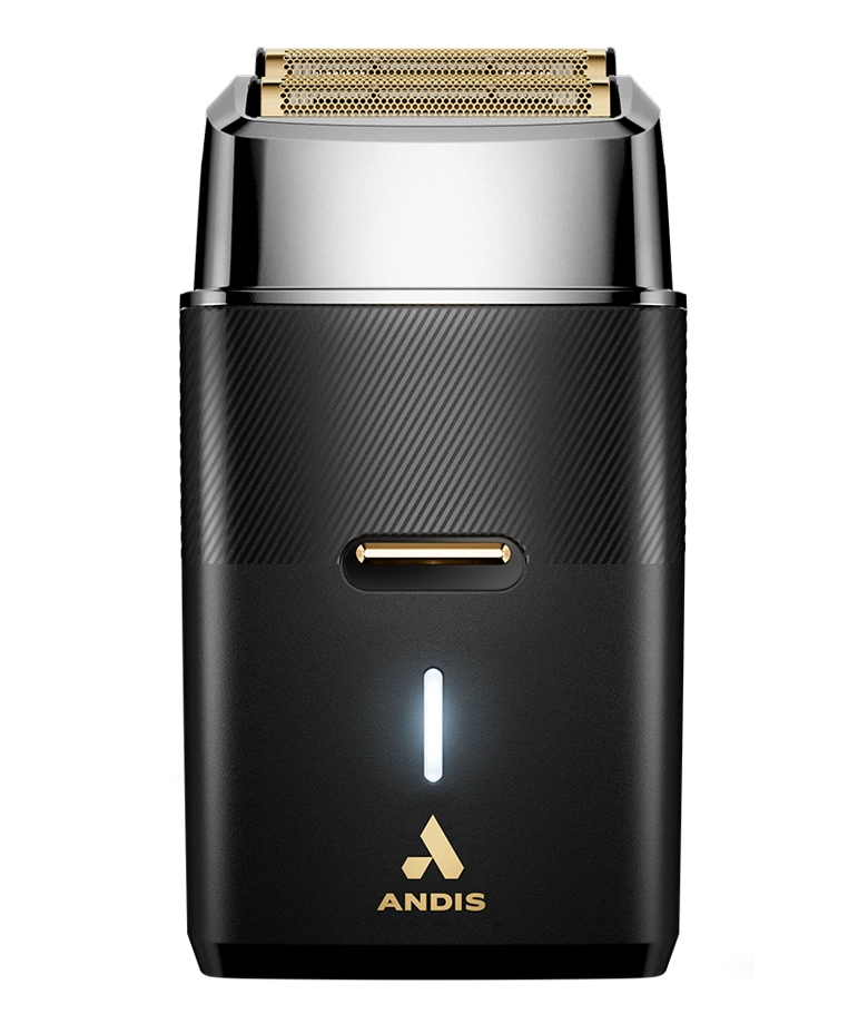 Andis electric shaver with black and gold design on a white background