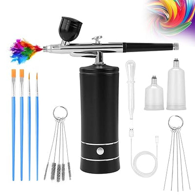 Airbrush Kit Air Brush Kit With Air Compressor Nail Charms Wireless Air Brush for Barber, Nail Art, Makeup, Model Painting(Black - with extension tube)