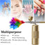 Multifunctional spray device with colorful powder, surrounded by images of its uses including makeup, tattoos, nail art, and more.
