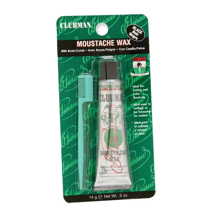 Clubman moustache wax with brush in green packaging on a white background