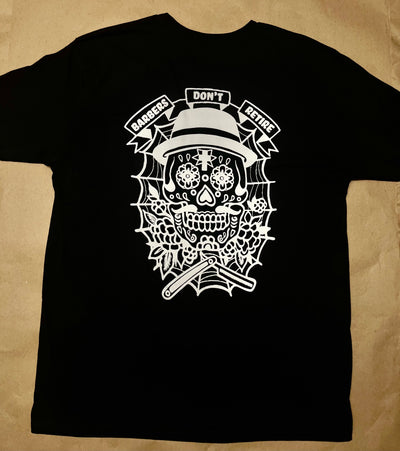 Black t-shirt with a white graphic design 