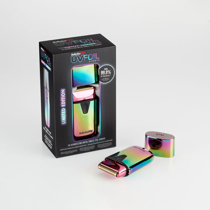 BaByliss Pro® UVFOIL Limited Edition Iridescent Single-Foil Shaver In Package With 2 Shavers in Shot