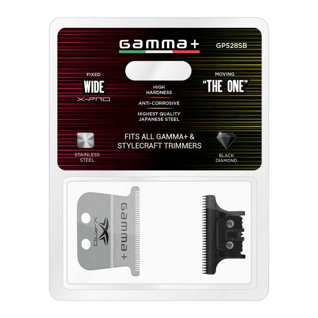 Gamma+ Fixed Steel X-Pro Wide Blade + The One DLC Cutting Trimmer Blade in Package