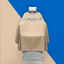 Beige hairdressing cape with 'L3VEL3' branding on a blue and beige background
