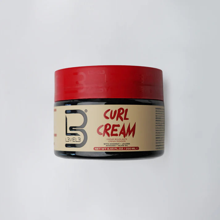 Jar of Level 3 Curl Cream with red lid on a white background