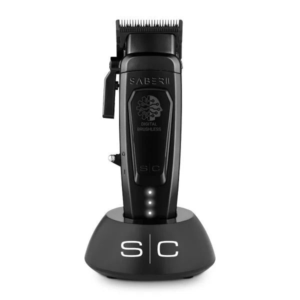 Black hair trimmer with charging stand on a white background